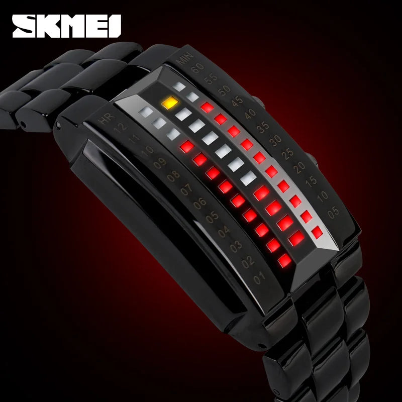 Waterproof Men Stainless Steel Red Binary LED Electronic Display Sport Watches