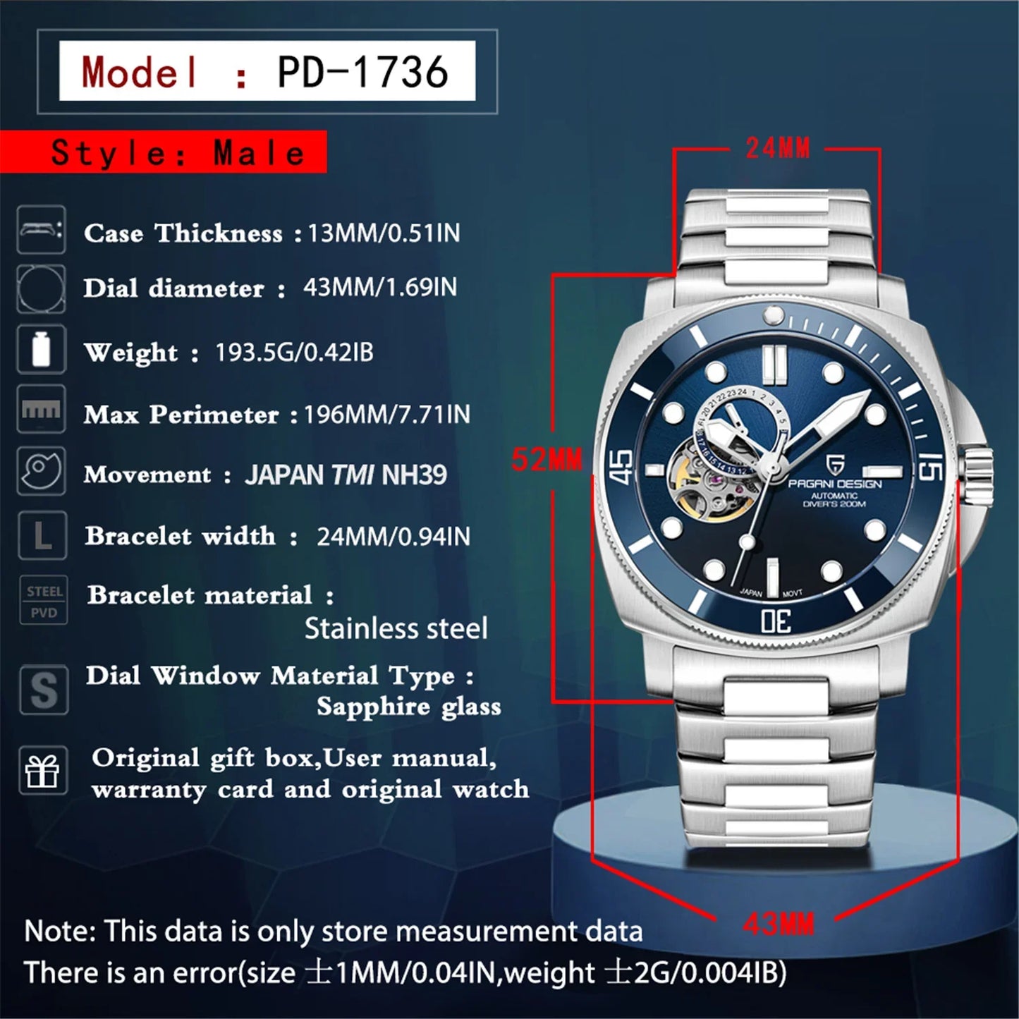 Sports Automatic Men Mechanical Watch stainless Steel 200m Waterproof