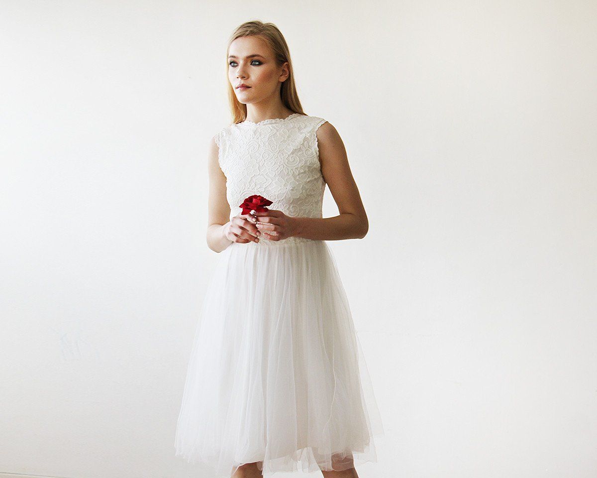 Short Wedding Dress ,Ivory Lace & Tulle Sleeveless Midi Dress #1159