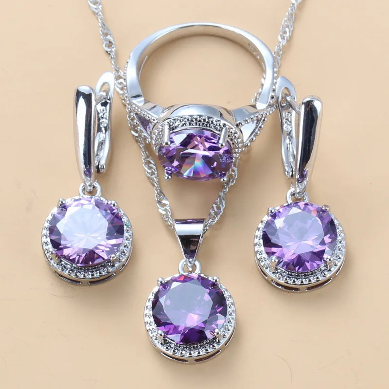 Silver Jewelry Sets Green Cubic Zirconia Necklaces Pendants Earrings and Ring