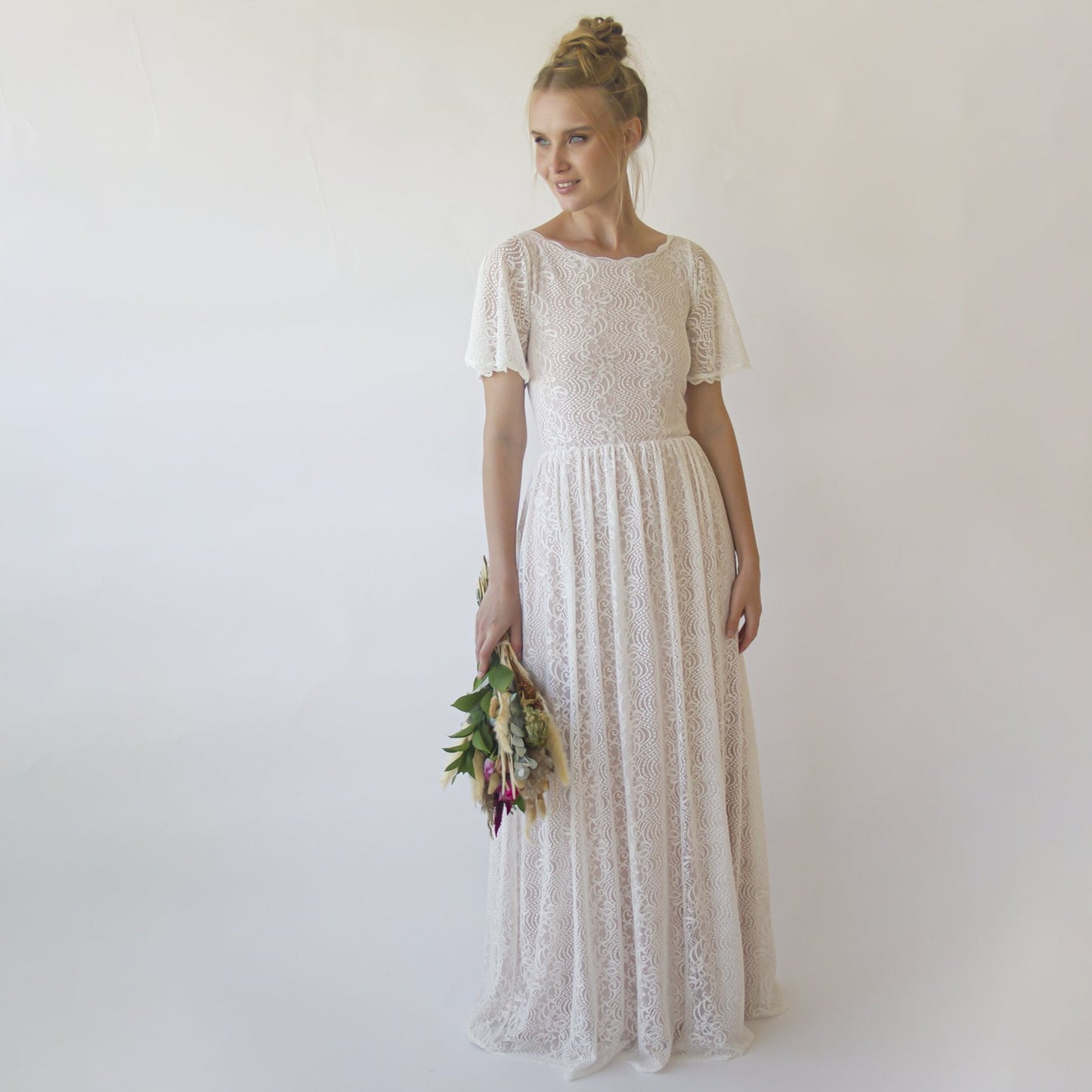 Vintage Lace Wedding Dress, Short Sleeves Modest Pearly Wedding Dress #1346