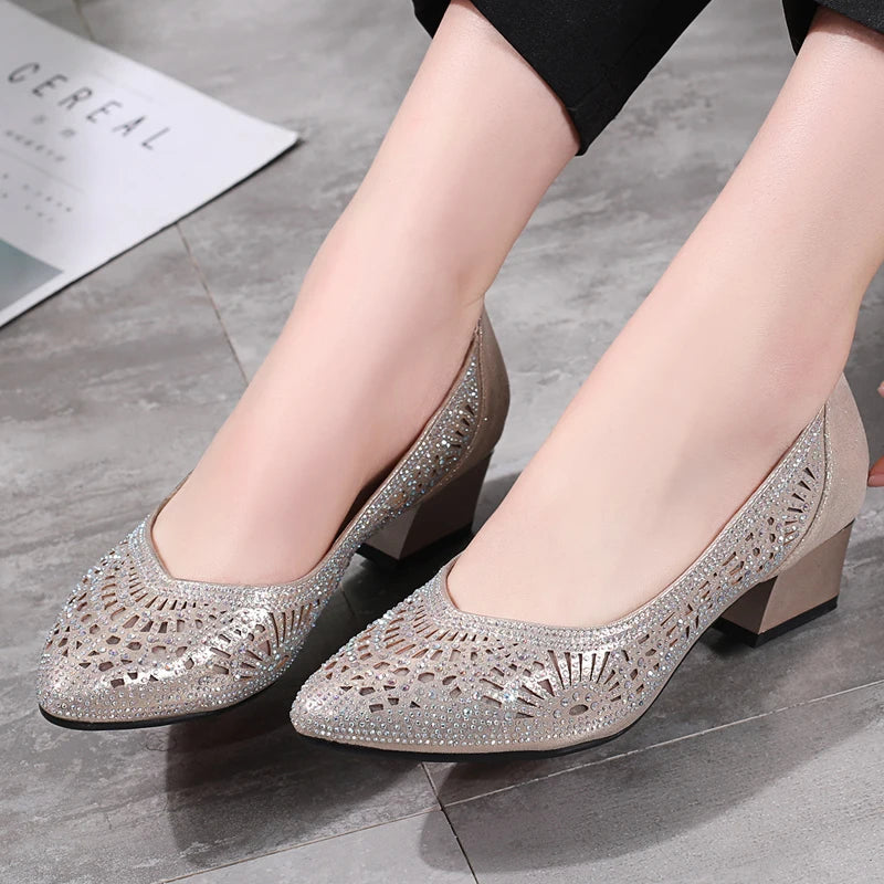 New Summer Fashion Pumps Cut-Outs Women Crystal Casual Ladies Shoes Leather