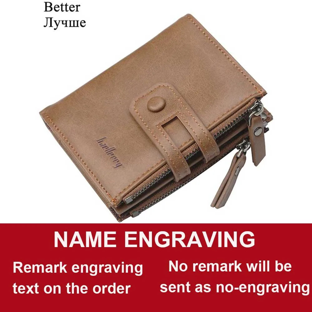 Name Engraving Men Wallets Leather Double Zipper