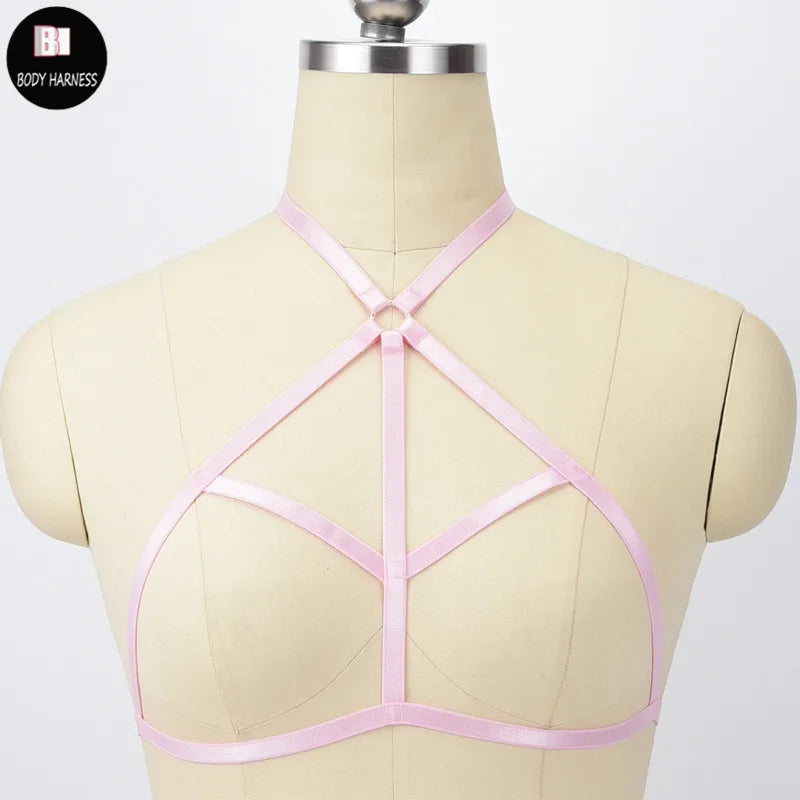 Original Design Pink Collar Bow Harness Bra Kawaii Open Chest Bondage Body Cage