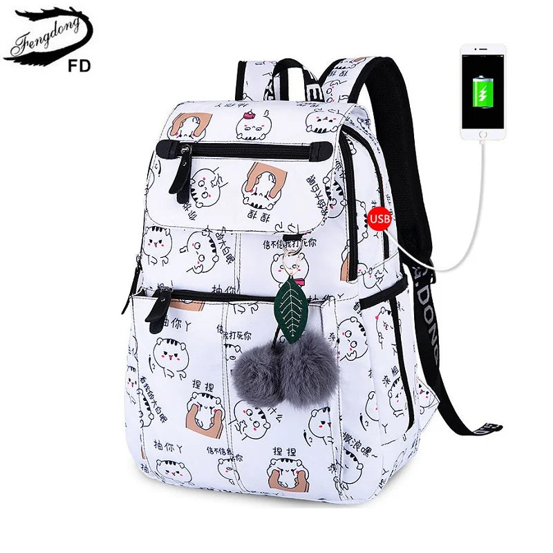 Usb School Bags  Black Backpack Plush Ball Girl Schoolbag Butterfly Decoration