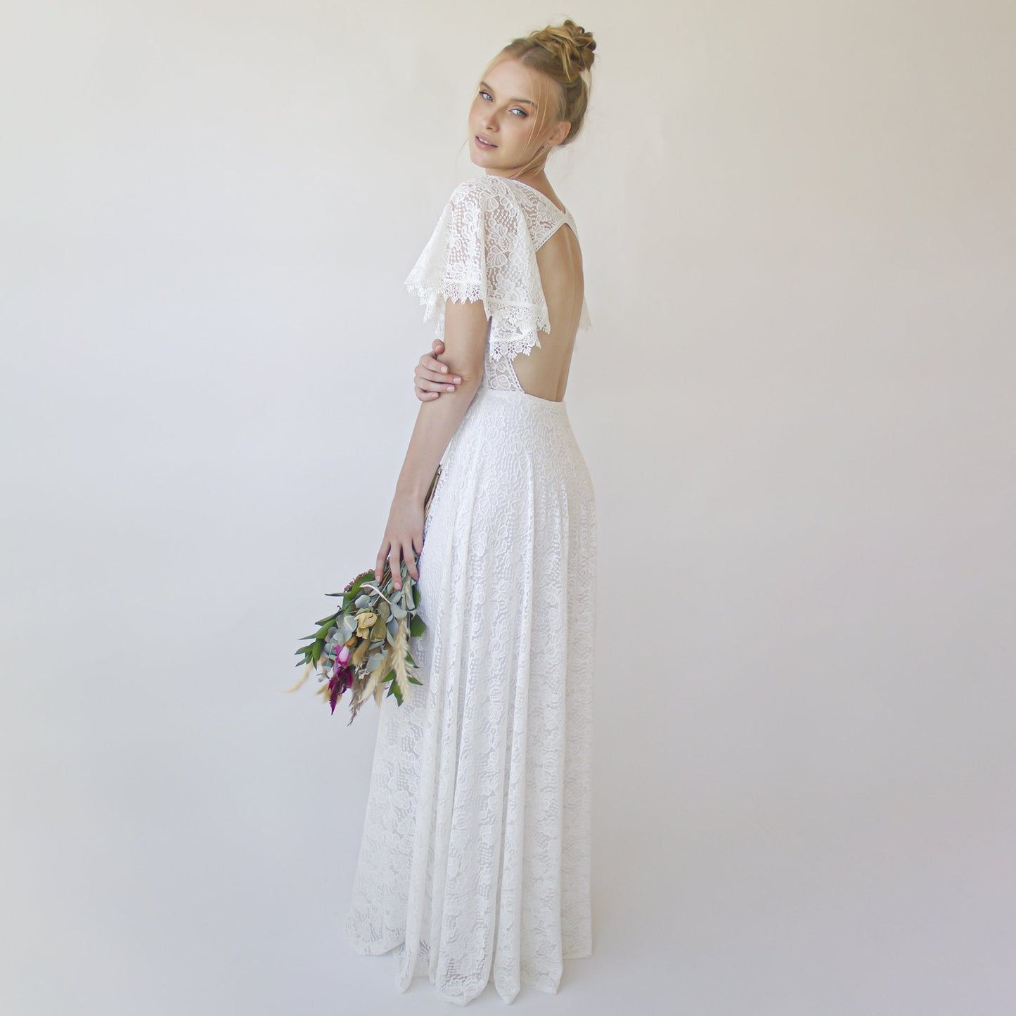 Open Back Wedding Dress, Lace Short Sleeves Bridal Dress #1360