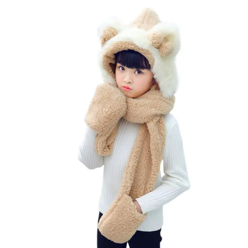 Warm Plush Winter Hat Cute Bowknot Bear Ears Scarf Gloves Hoodie Cap