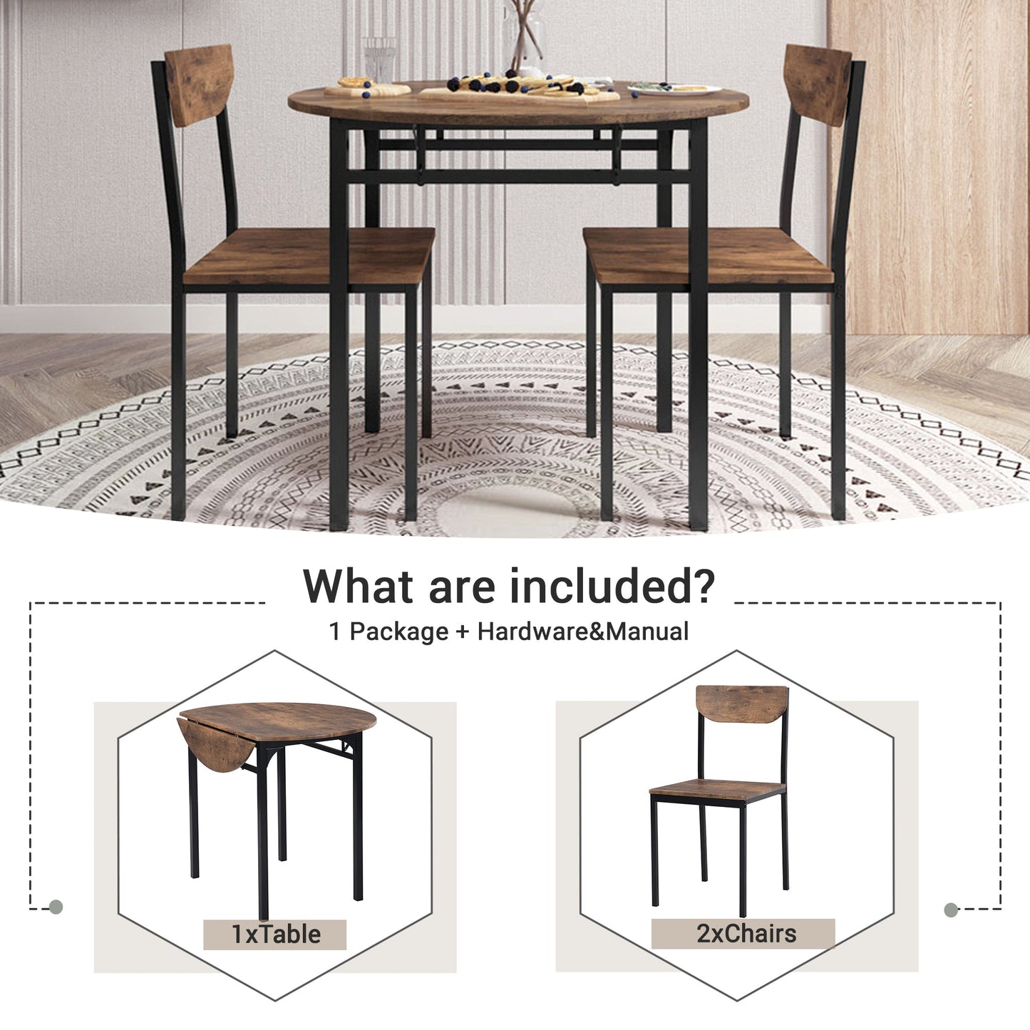 Modern 3-Piece Round Dining Table Set With Drop Leaf and 2 Chairs