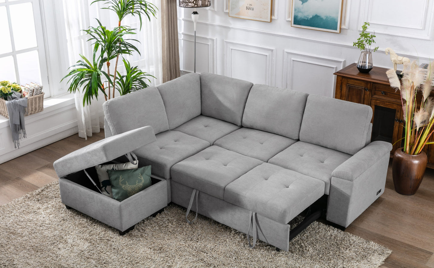 Sleeper Sectional Sofa, L-Shape Corner Couch Sofa-Bed With Storage Ottoman