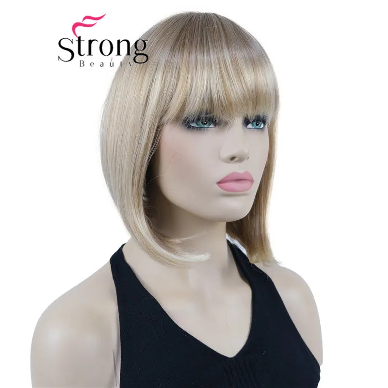 Short Straight Blonde Highlighted Bob With Bangs Synthetic Wig