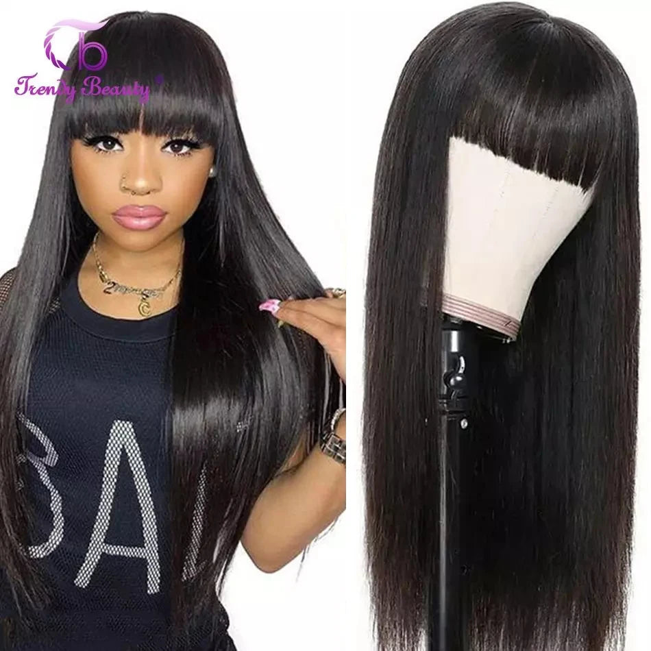 Peruvian Straight Human Hair Wigs With Bangs