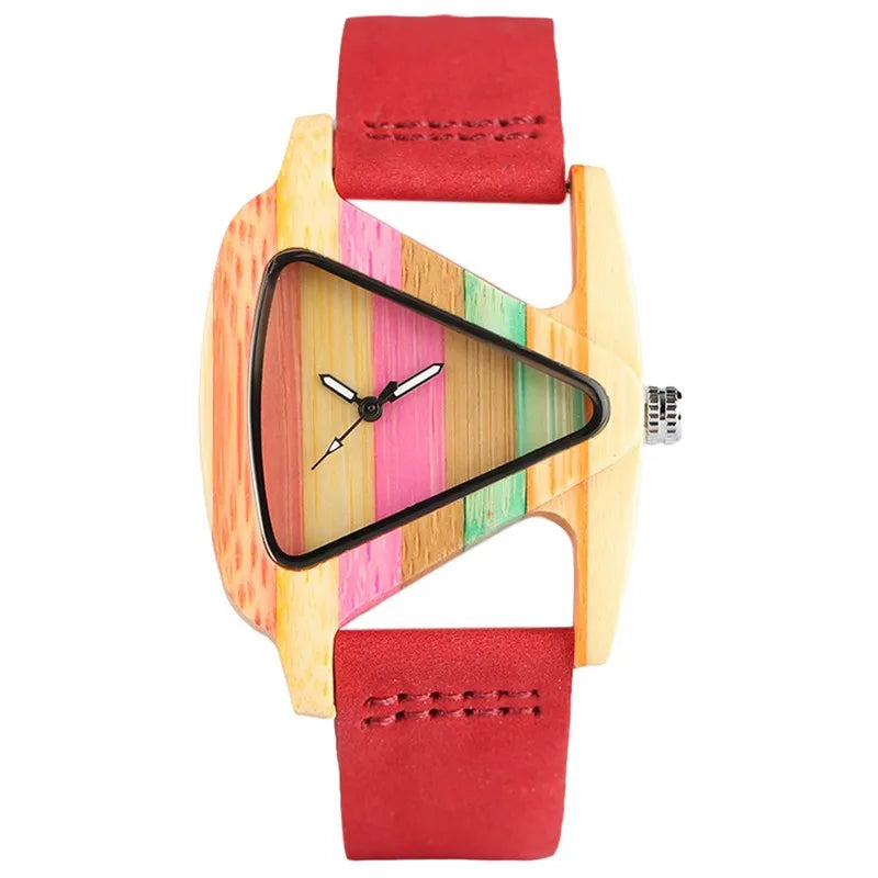 Wood Watch Creative Triangle Shape Dial Hour Clock Women Quartz Leather