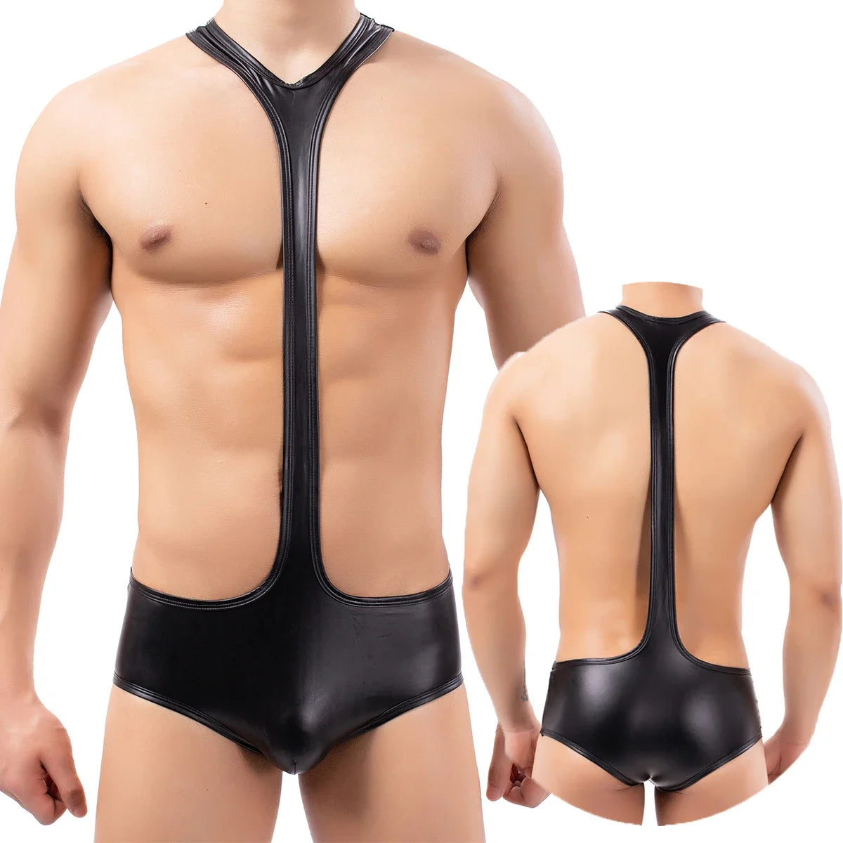 Sexy Mens Undershirts PU Leather Bodysuit  Gay Backless Briefs