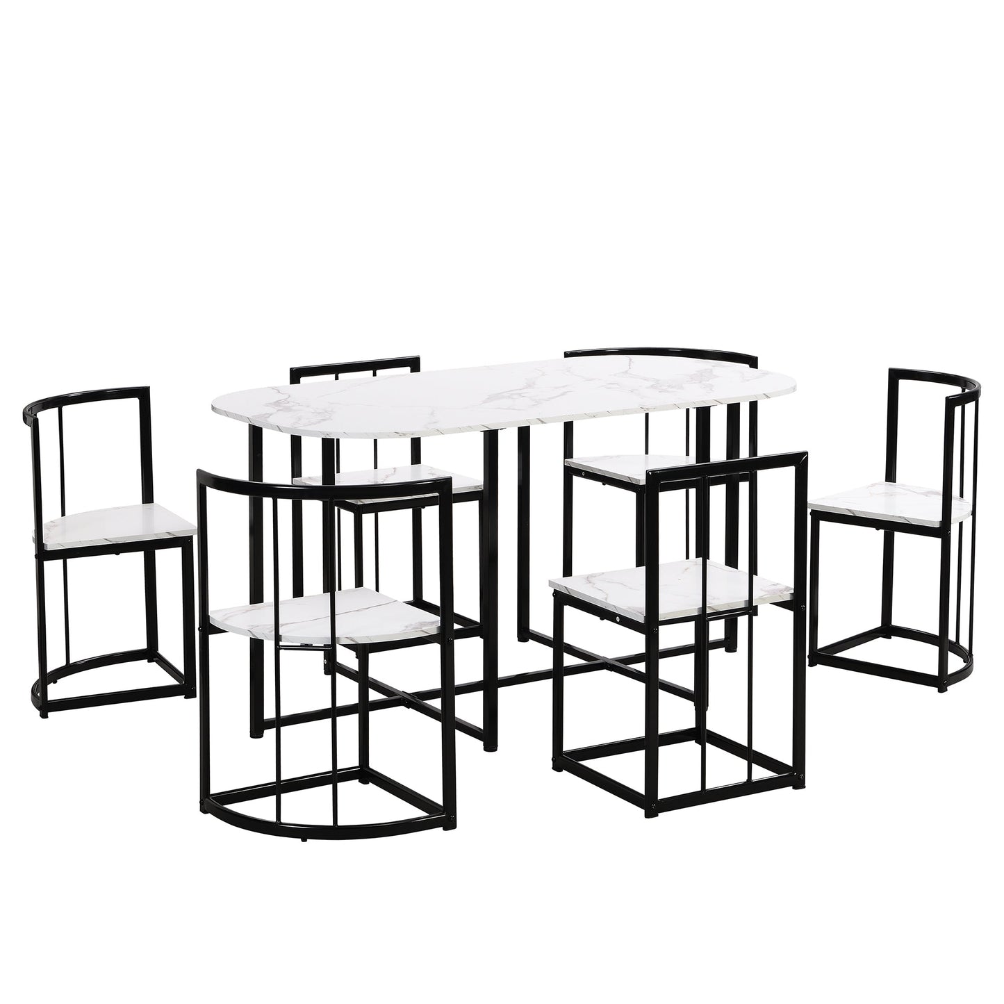 Modern 7-Piece Dining Table Set With Faux Marble Compact