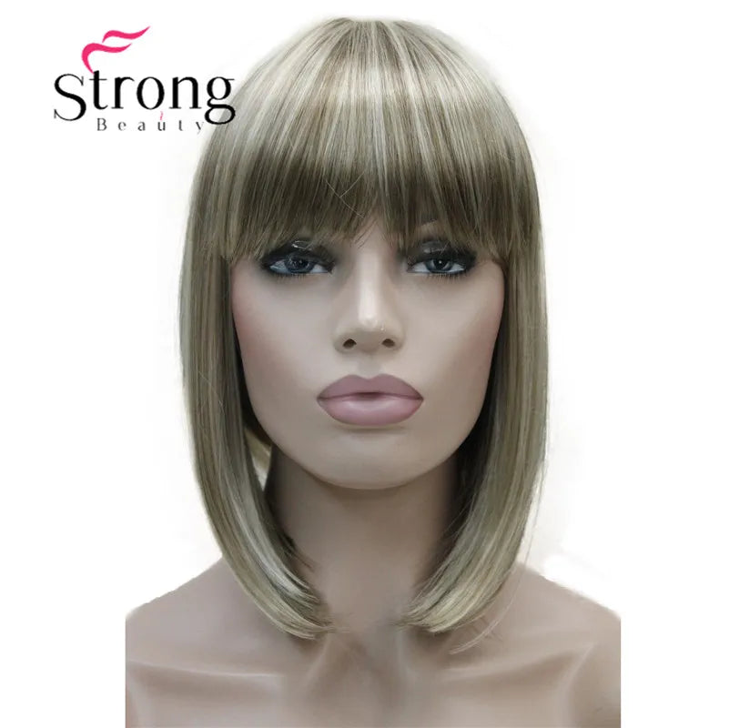 Short Straight Blonde Highlighted Bob With Bangs Synthetic Wig