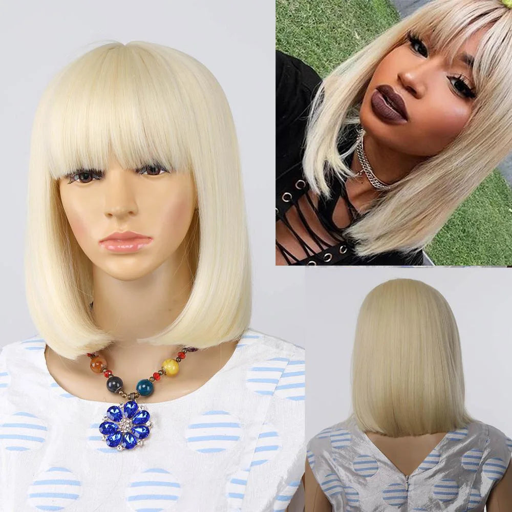 Straight Black Synthetic Wigs With Bangs Hair Bob Wig Heat Resistant