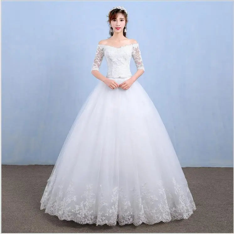 Wedding Dress Flowers Butterfly Embroidery Lace Boat Neck Princess Wedding Gowns