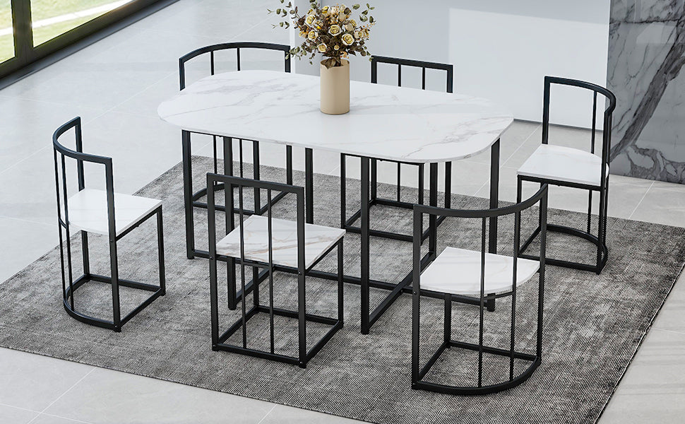 Modern 7-Piece Dining Table Set With Faux Marble Compact