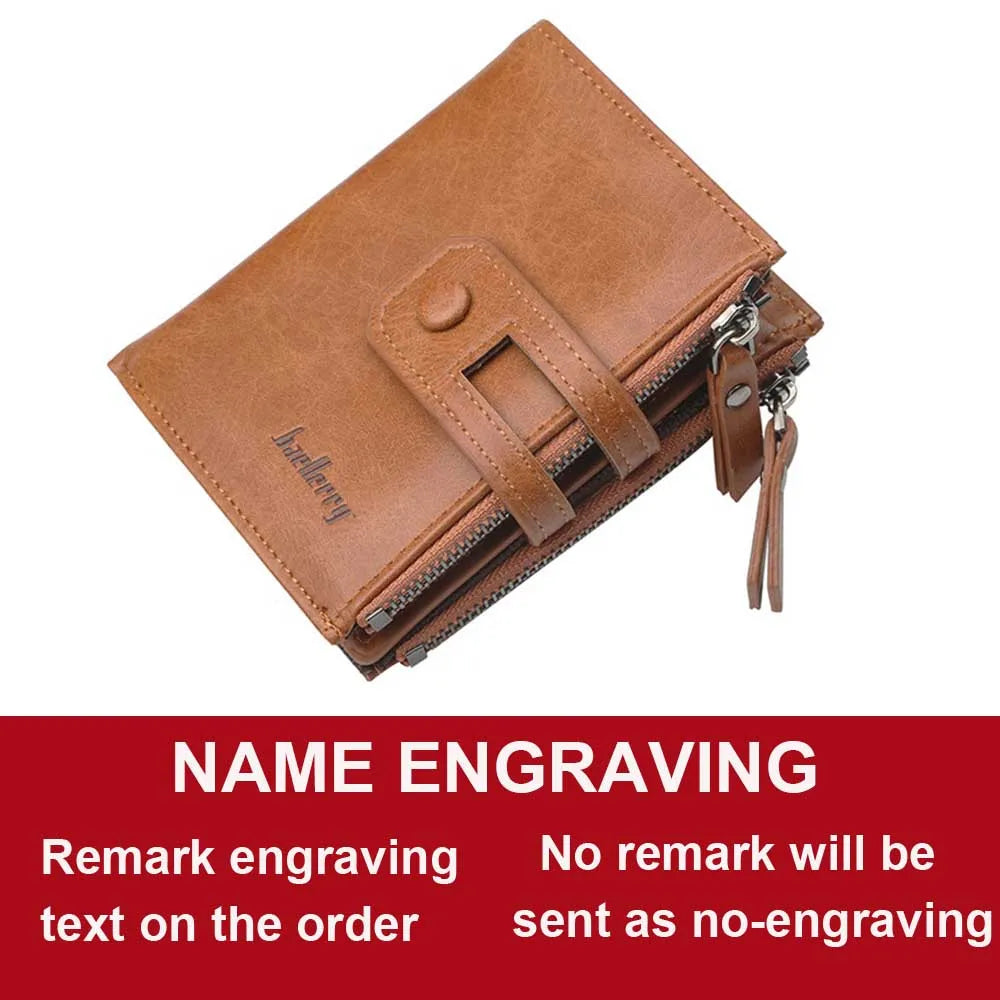 Name Engraving Men Wallets Leather Double Zipper