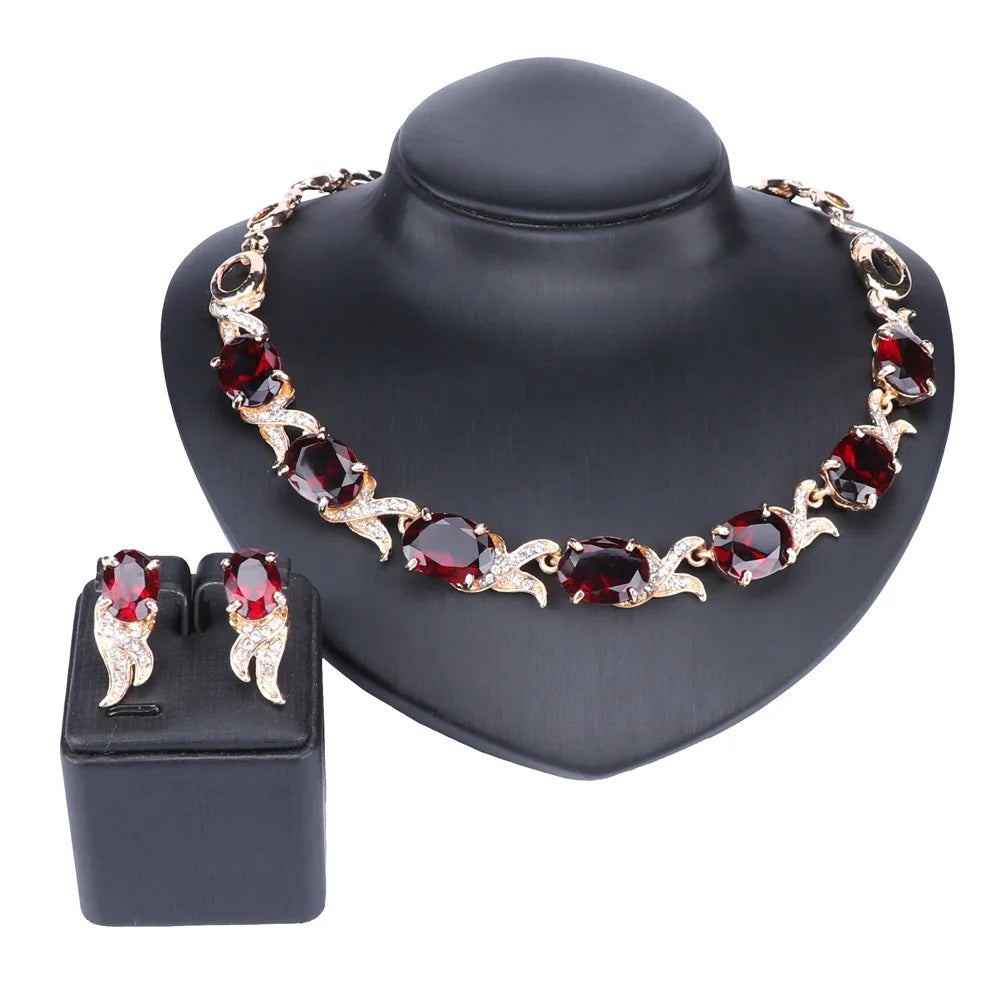 Wedding Gold Color Red Crystal Trendy Necklace Jewelry Sets