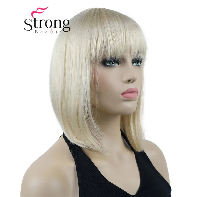 Short Straight Blonde Highlighted Bob With Bangs Synthetic Wig