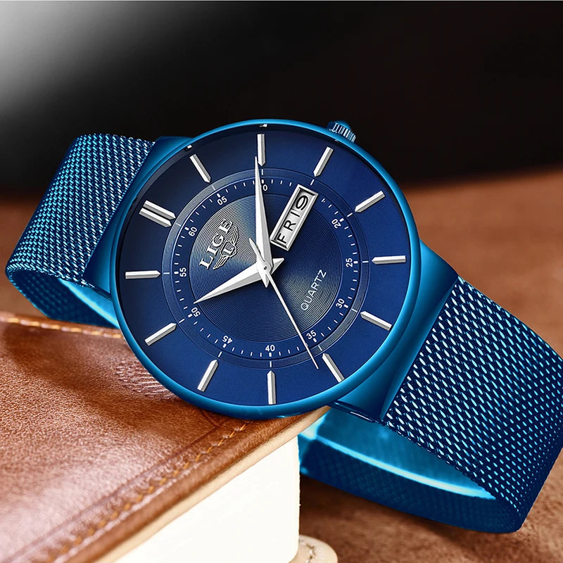 New Blue Quartz Clock LIGE Mens Watches Waterproof Wrist Watch Reloj Hombre