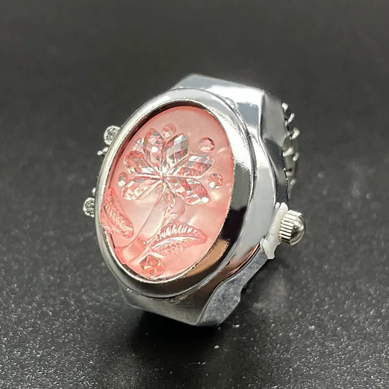 Women Ring Elliptical Stereo Flower Clamshell Adjustable Rings Quartz Watches