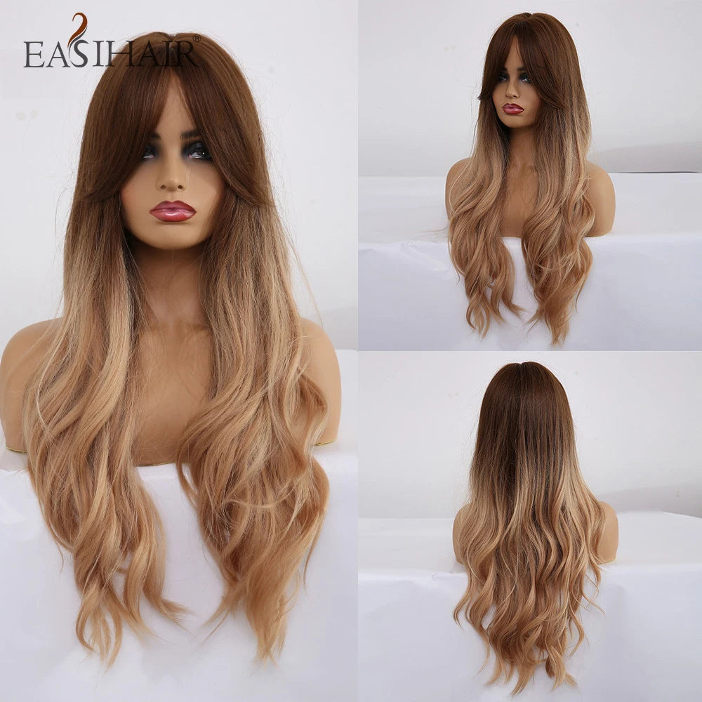 Wavy Synthetic Wigs With Bangs Heat Resistant Blonde Cosplay Wigs