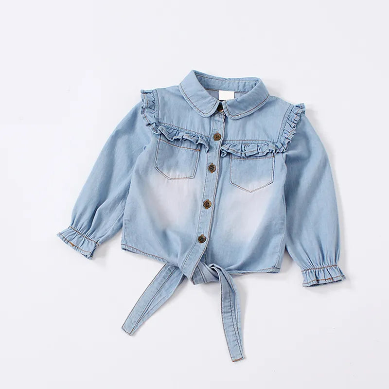 Summer Shirt Cotton Girls Clothes Casual Ruffles Denim Blouse