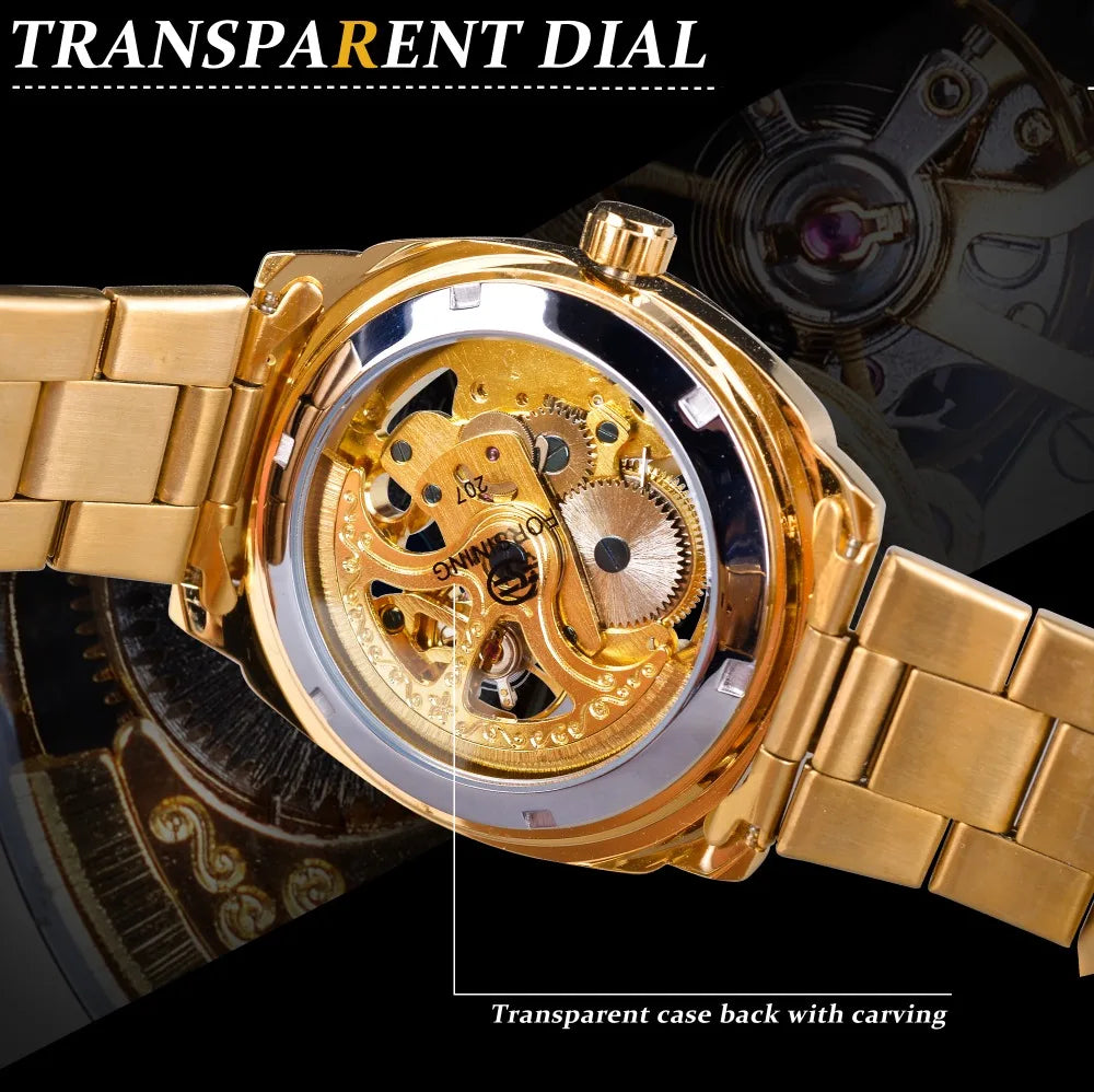 Transparent Men's Automatic Mechanical Full Golden Luminous Hands Skeleton Watch