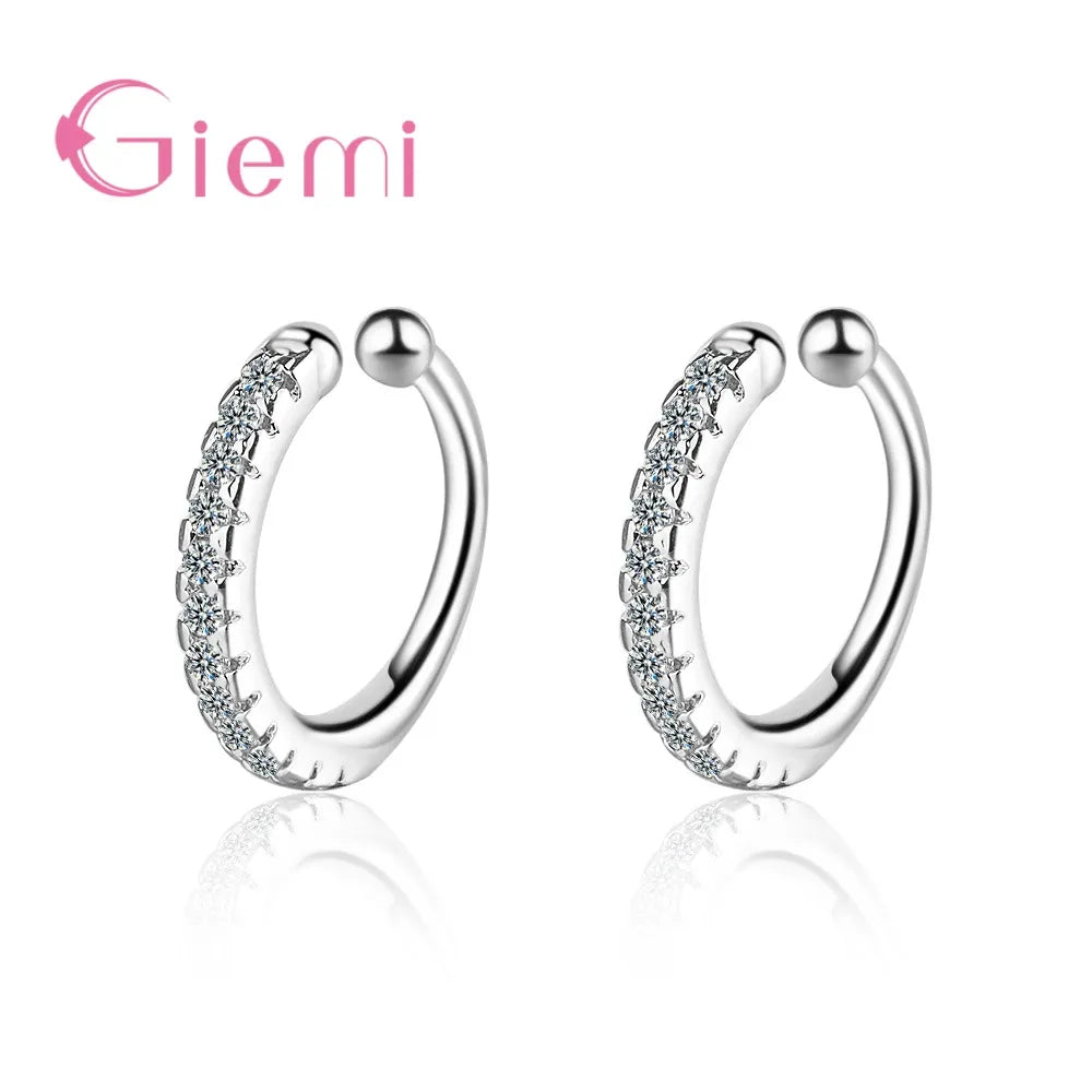 Sterling Silver Ear Clip Earrings Simple CZ Crystal Paved Circle Loop Design