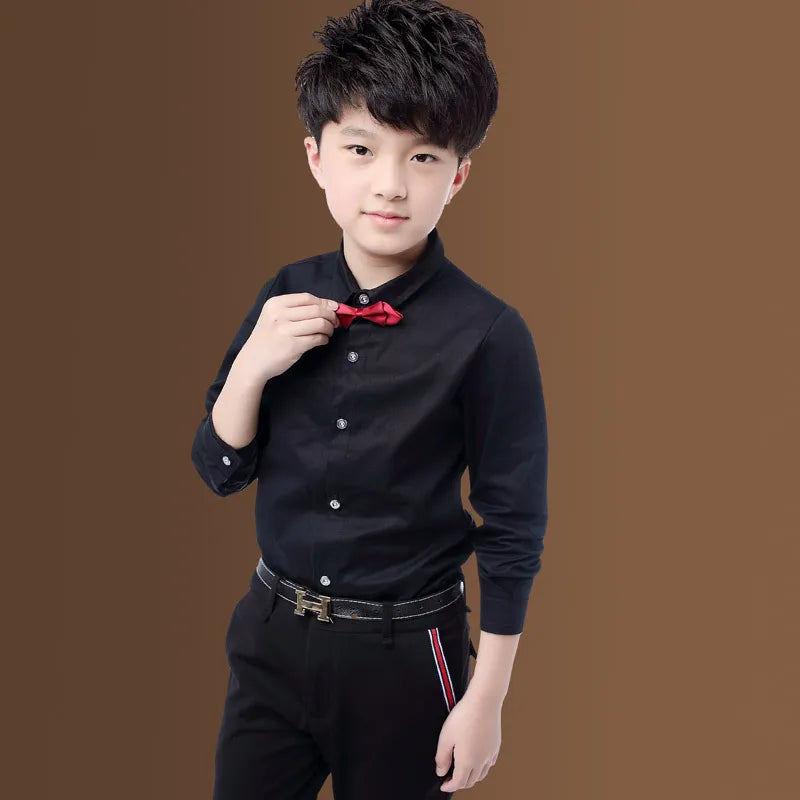 New Children Boys Shirts Cotton Solid Black&White Shirt With Tie