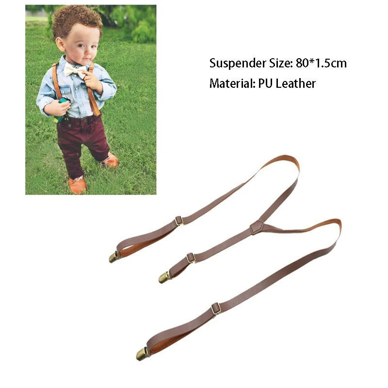 Y Back Kid Brown Tan Leather Suspender and Bow Tie Ring Bowtie Set