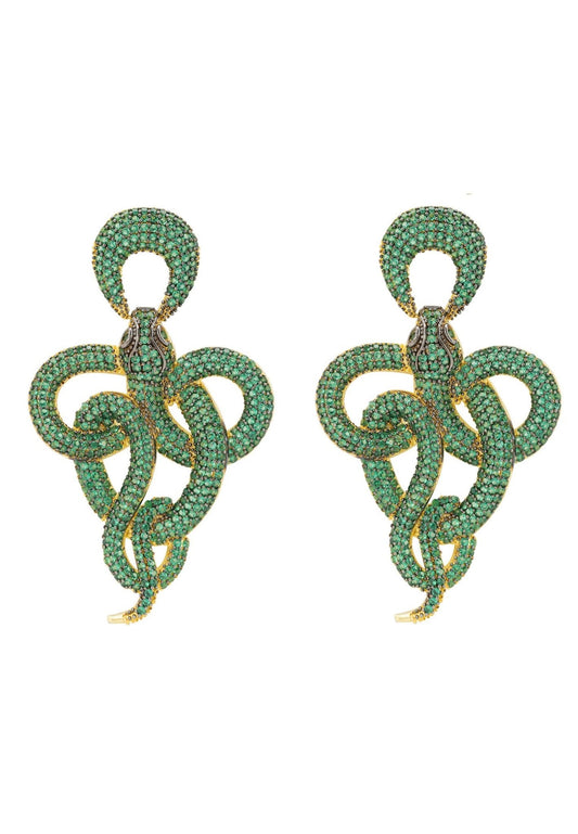 Viper Snake Drop Earrings Gold Emerald