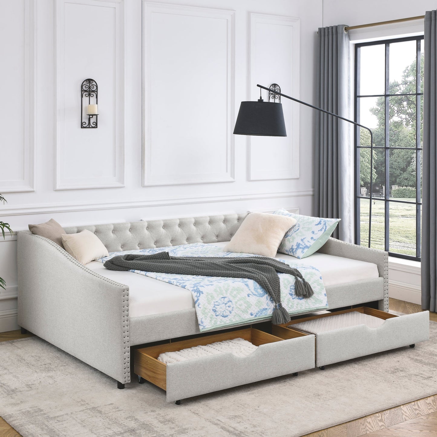 Queen Size Daybed With Drawers Upholstered Tufted Sofa Bed