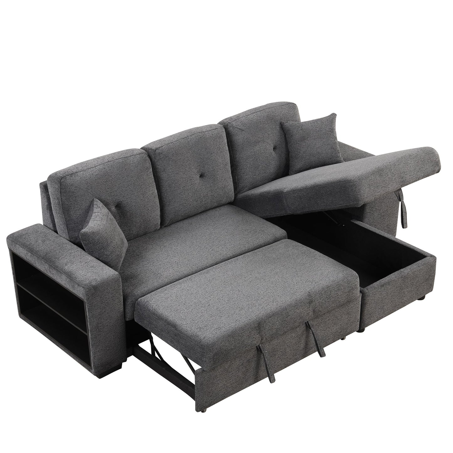 Reversible Sleeper Sectional Sofa Bed With Side Shelf and 2 Stools