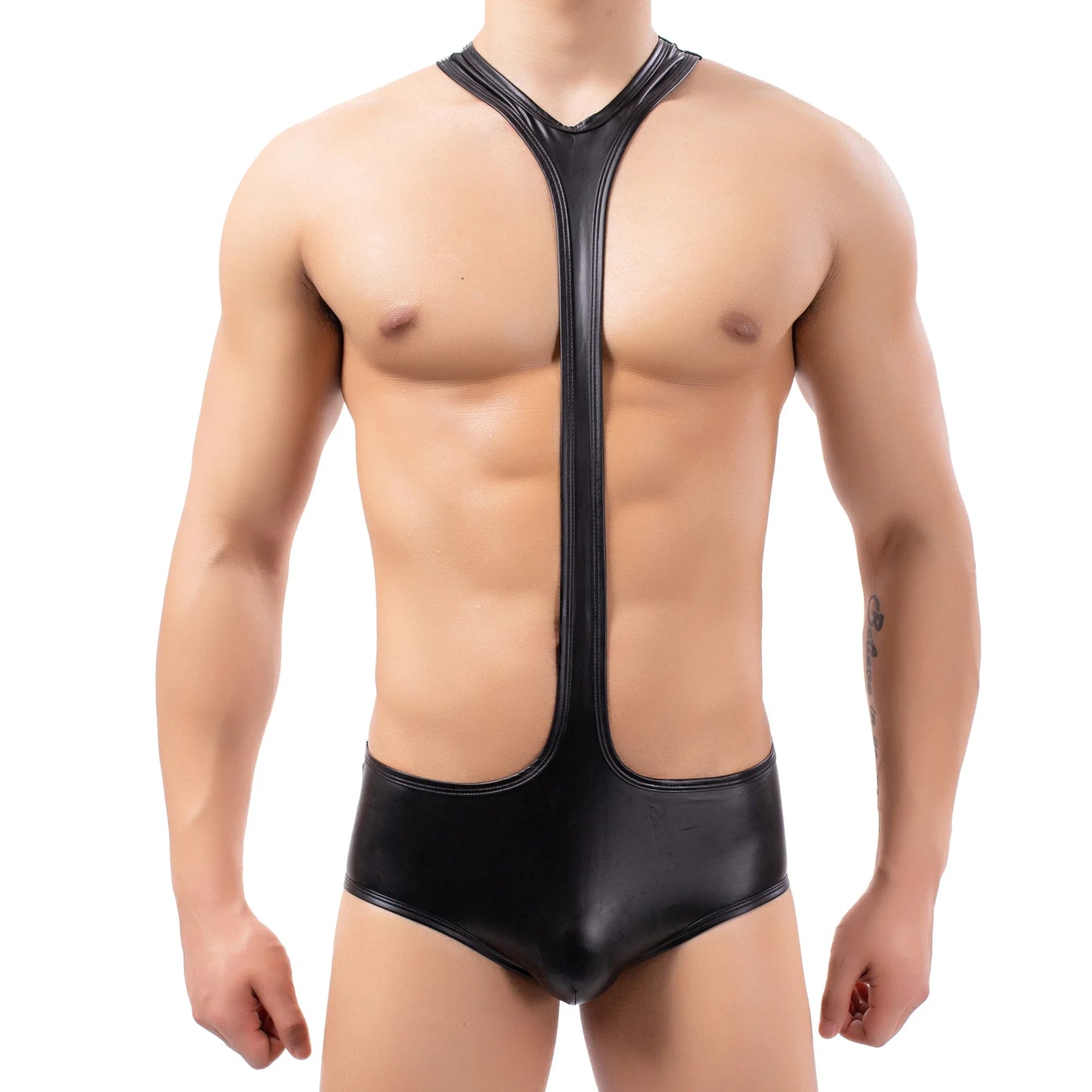 Sexy Mens Undershirts PU Leather Bodysuit  Gay Backless Briefs