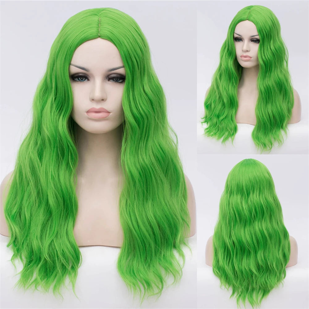 Wavy Synthetic Wigs Long Green Middle Line Wig Heat Resistant