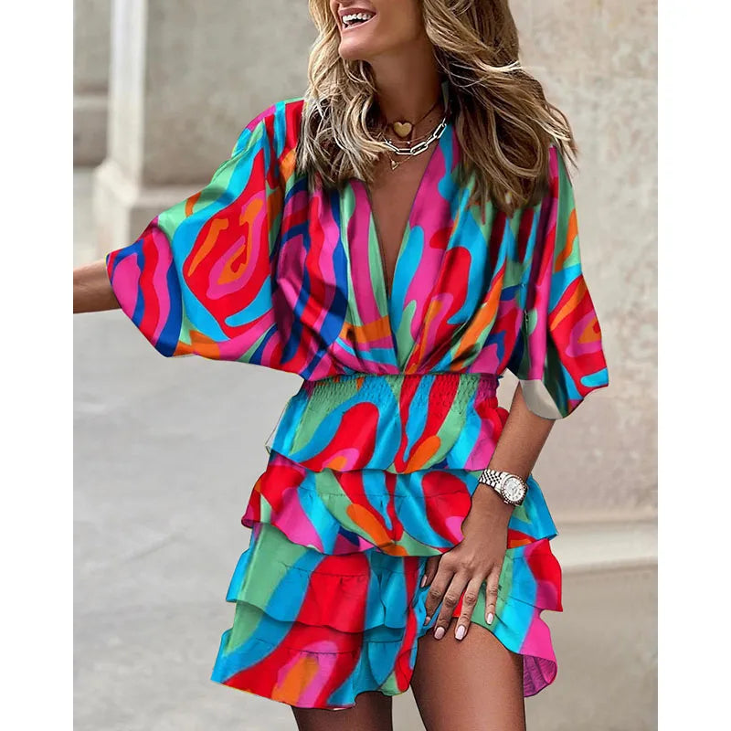 Women Dress Casual Explosive Spring Bat Sleeve V-Neck  Dress Women's Dress