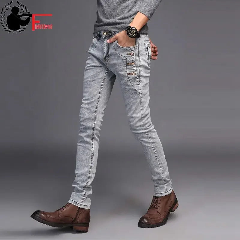 Streetwear Skinny Slim Fit Button Denim Pant Male Trouser Black Blue