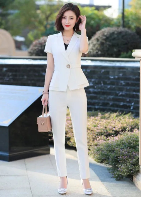 Short Sleeve Slim Blazer and Trousers Business Temperament Office Lady Work Wear