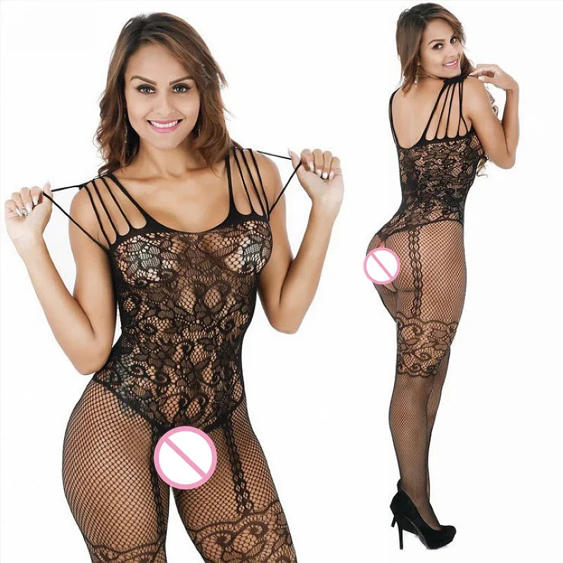 Women Open Crotch Fishnet Bodystocking Crotchless Transparent Plus Size Bodysuit