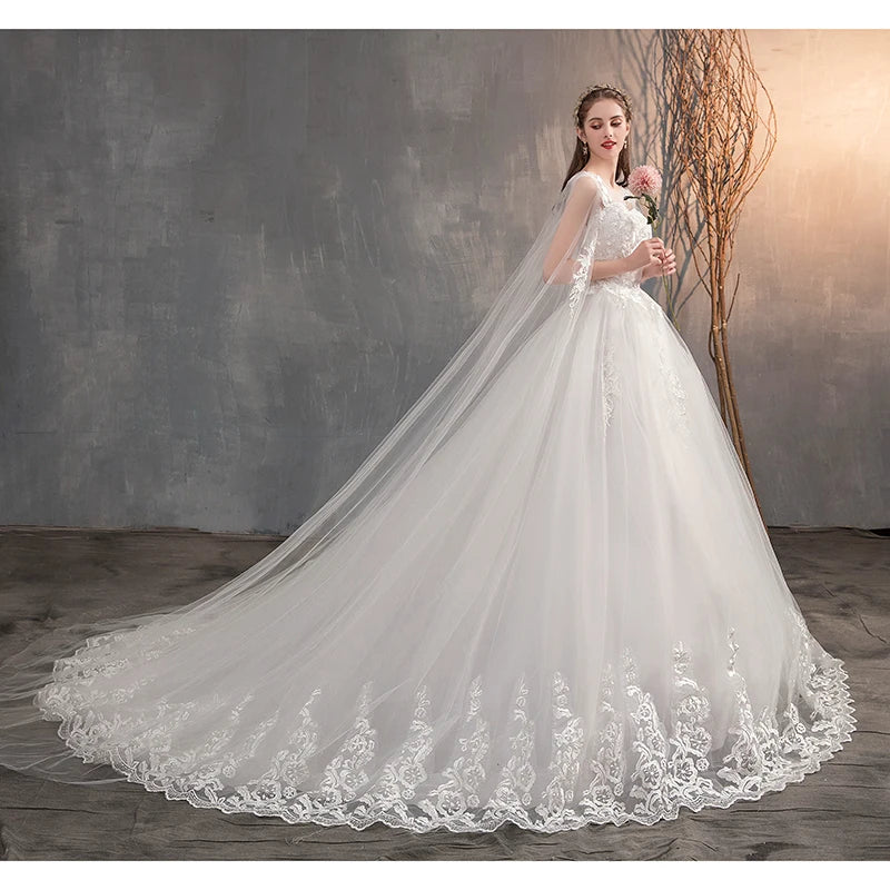 Wedding Dress With Long Cap Lace Wedding Gown With Long Train Embroidery