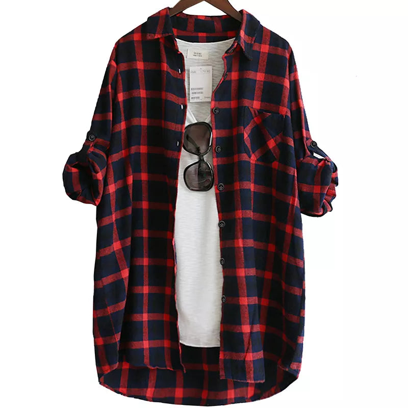 Women Blouse Shirt Loose Casual Plaid Shirts Long Sleeve BLOUSE