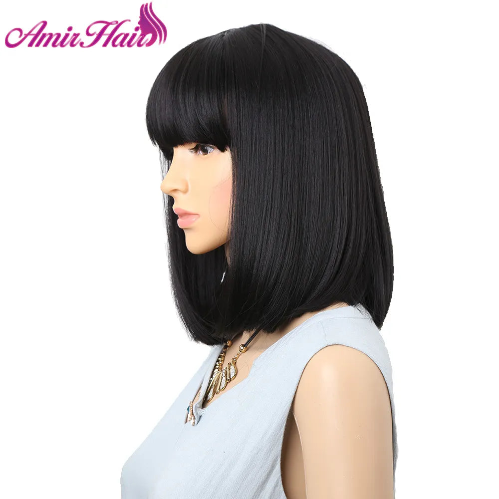 Straight Black Synthetic Wigs With Bangs Hair Bob Wig Heat Resistant