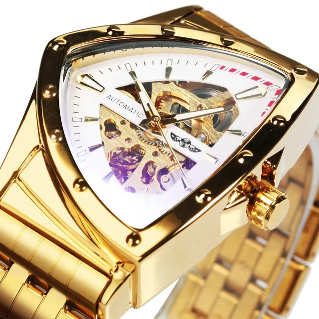 Skeleton Gold Watch Men Automatic Mechanical Wristwatch Stainless Steel Watch