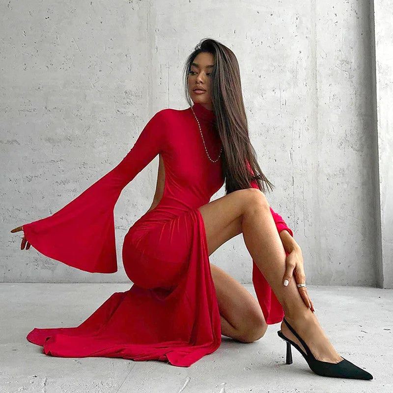 stand Collar Long Flare Sleeve Backless Slit Split Women'S Dresses