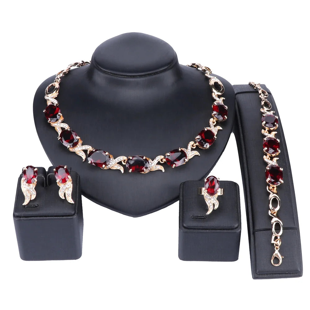 Wedding Gold Color Red Crystal Trendy Necklace Jewelry Sets