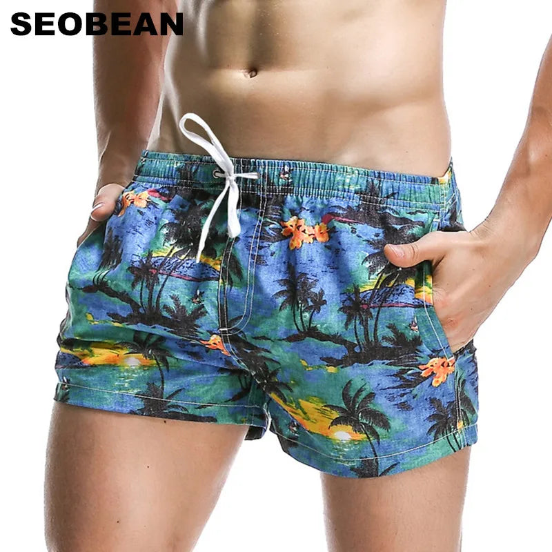 Short Men Board Shorts Coconut Leaf Pattern Sea Beach Style