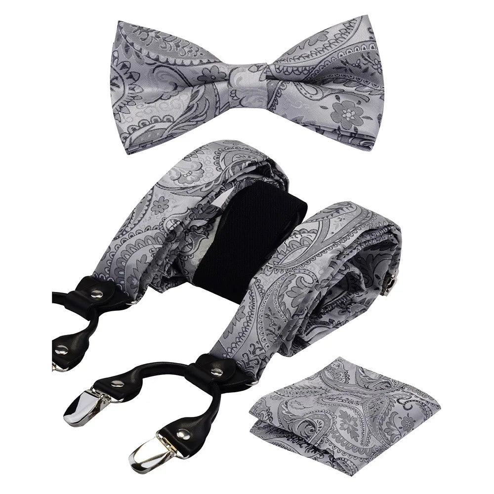 Y Shape Suspenders Bowtie and Pocket Square Set